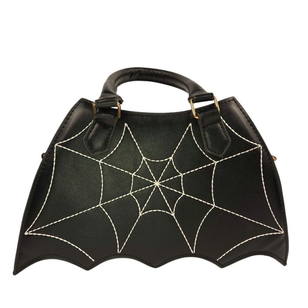 Gothic Black Bat Wing Crossbody Purse Spiderweb Stitching Halloween Handbag